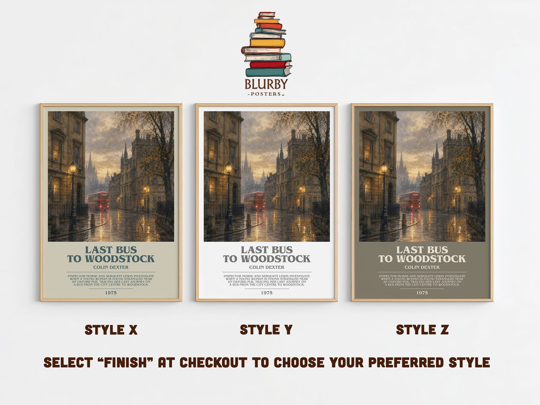 Last Bus to Woodstock bookish print in frame leaning in hallway – mystery wall art (mockup)
