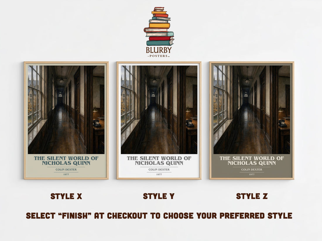 The Silent World of Nicholas Quinn book cover print in frame leaning in hallway – crime wall art (mockup)