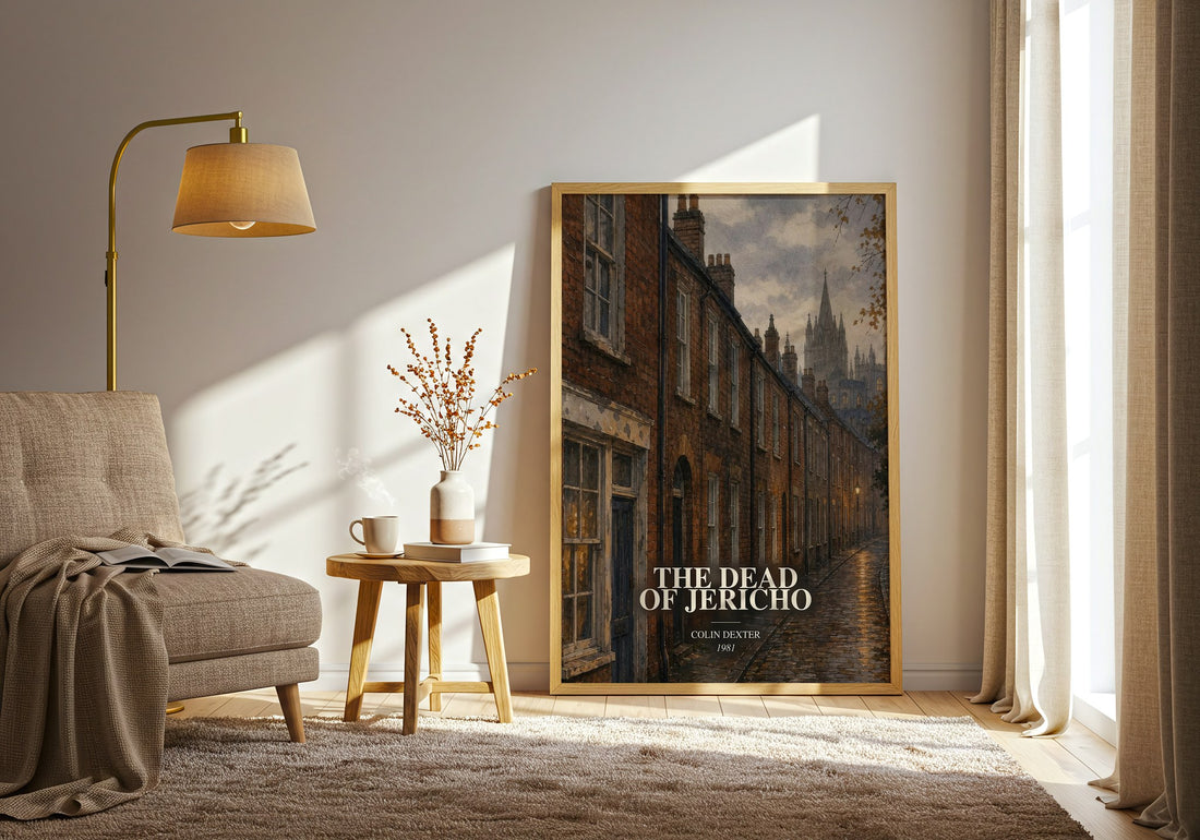 The Dead of Jericho watercolour print in frame leaning in hallway – crime wall art (mockup)