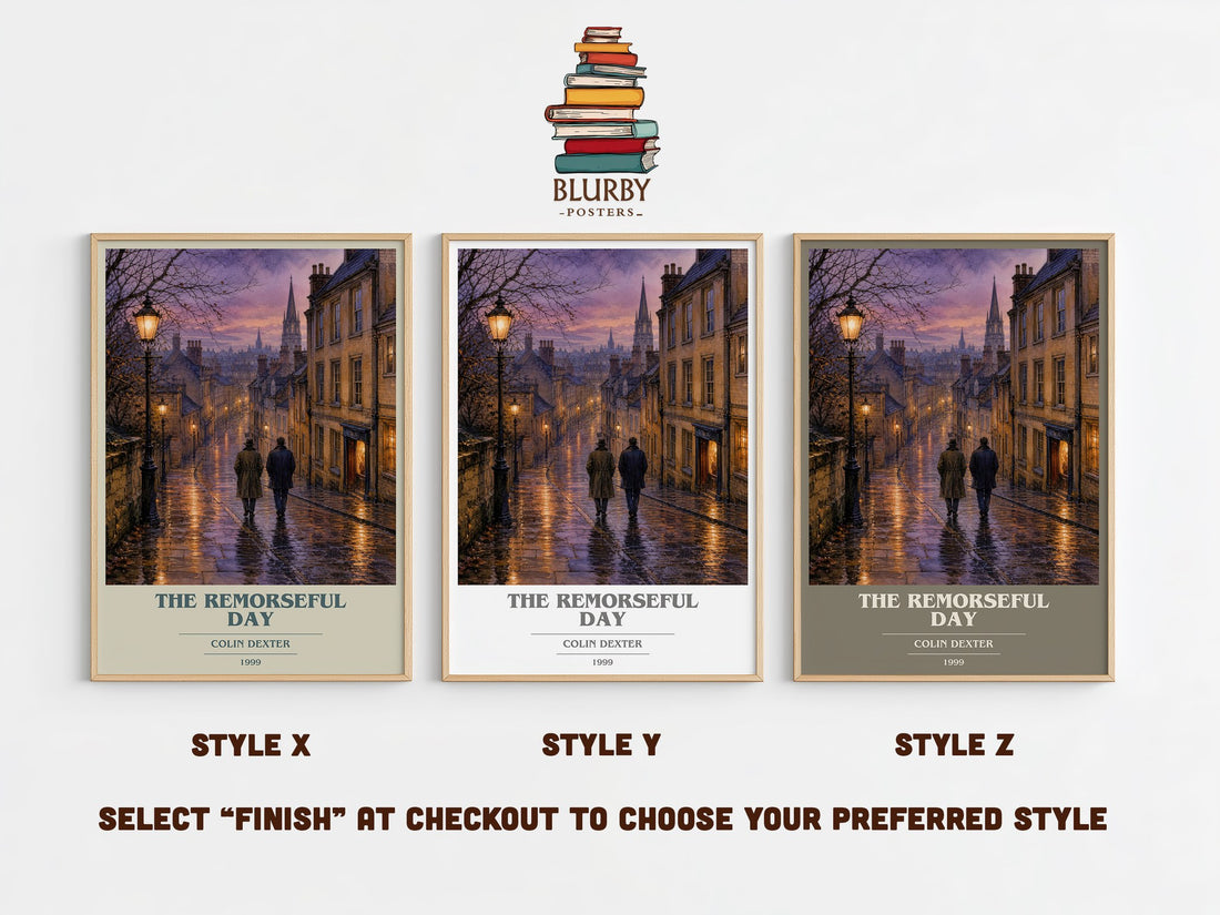 The Remorseful Day book cover print in frame leaning in hallway – crime wall art (mockup)