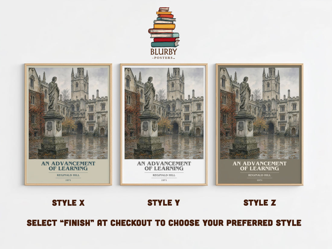 An Advancement of Learning book cover print in frame leaning in hallway – crime wall art (mockup)
