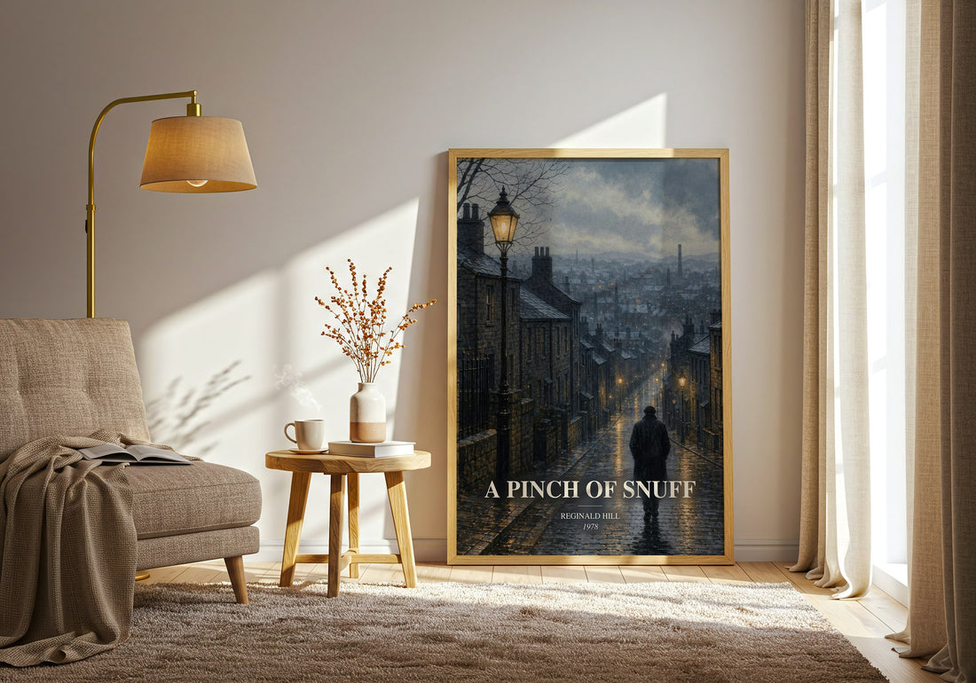 A Pinch of Snuff watercolour print in frame leaning in hallway – crime wall art (mockup)