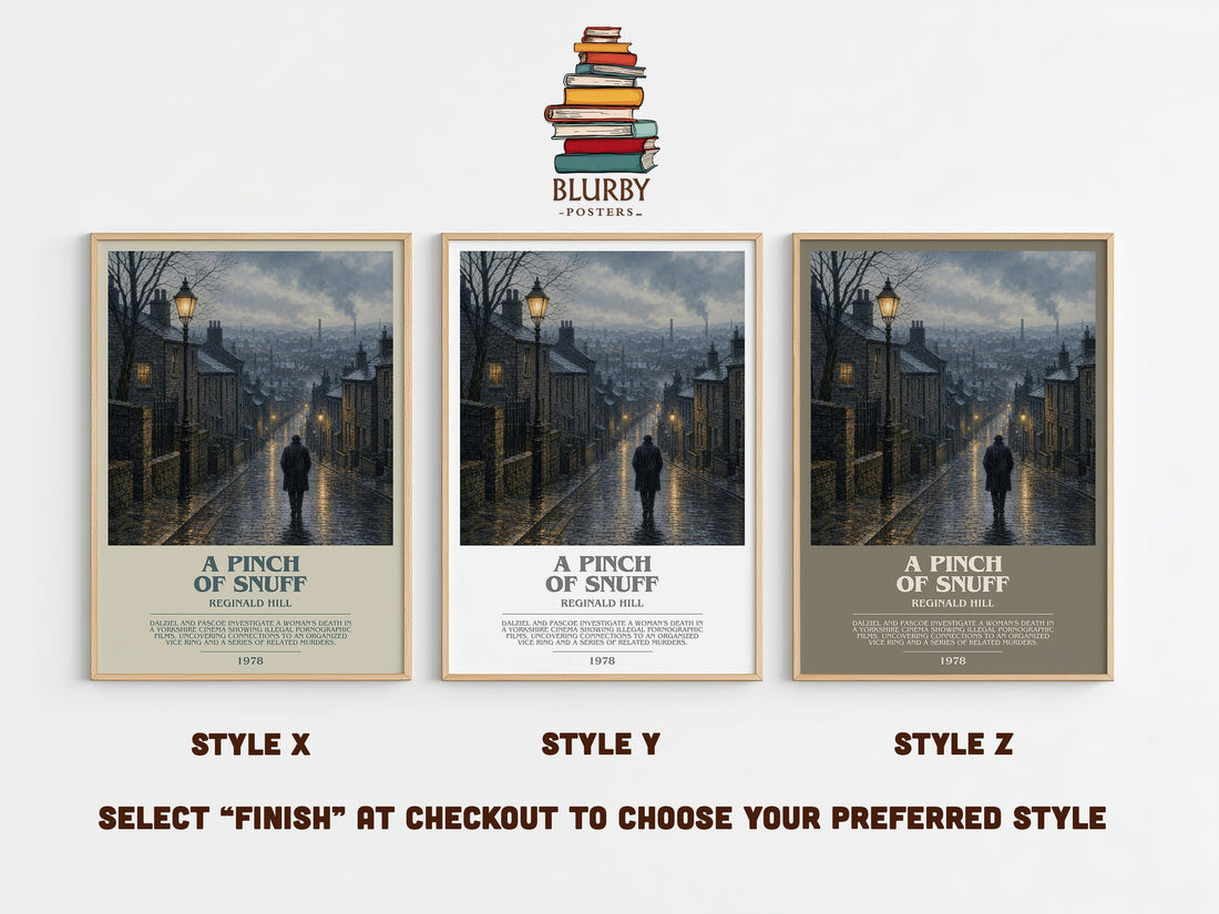 A Pinch of Snuff bookish print in frame leaning in hallway – crime wall art (mockup)