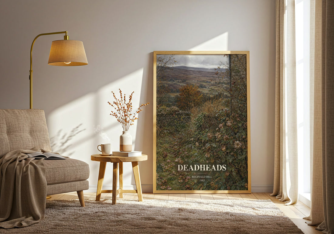 Deadheads watercolour print in frame leaning in hallway – crime wall art (mockup)