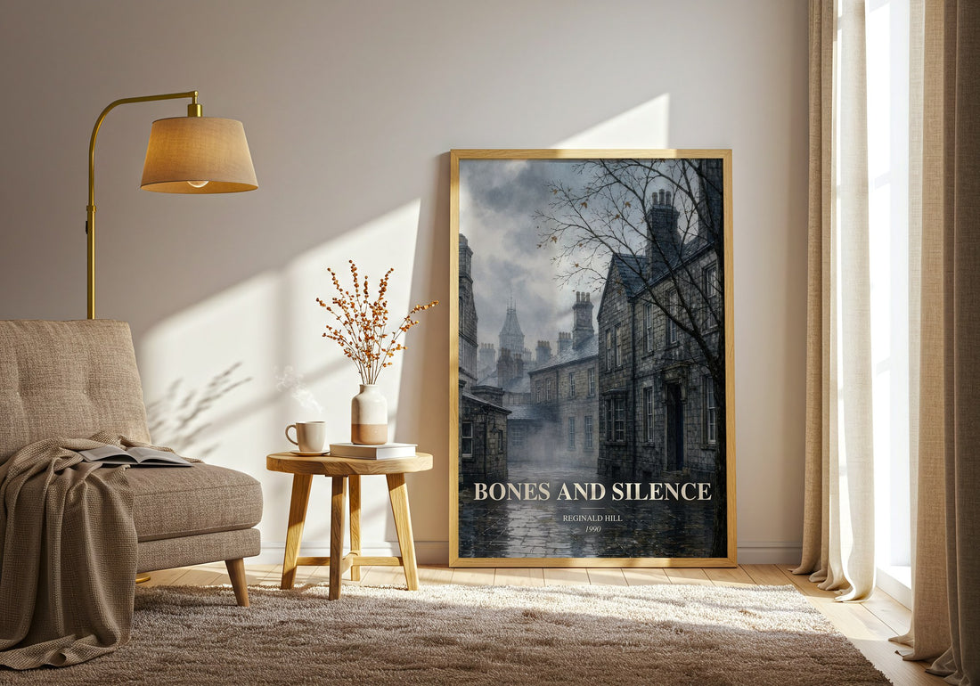 Bones and Silence watercolour print in frame leaning in hallway – crime wall art (mockup)