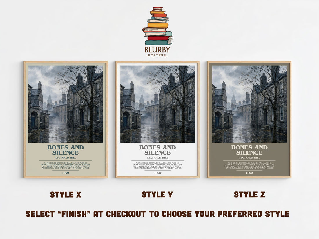 Bones and Silence bookish print in frame leaning in hallway – crime wall art (mockup)