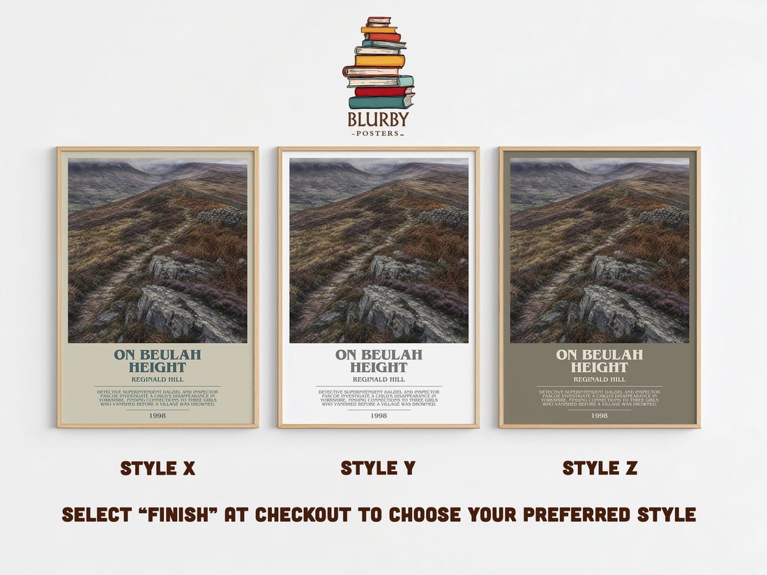 On Beulah Height bookish print in frame leaning in hallway – crime wall art (mockup)
