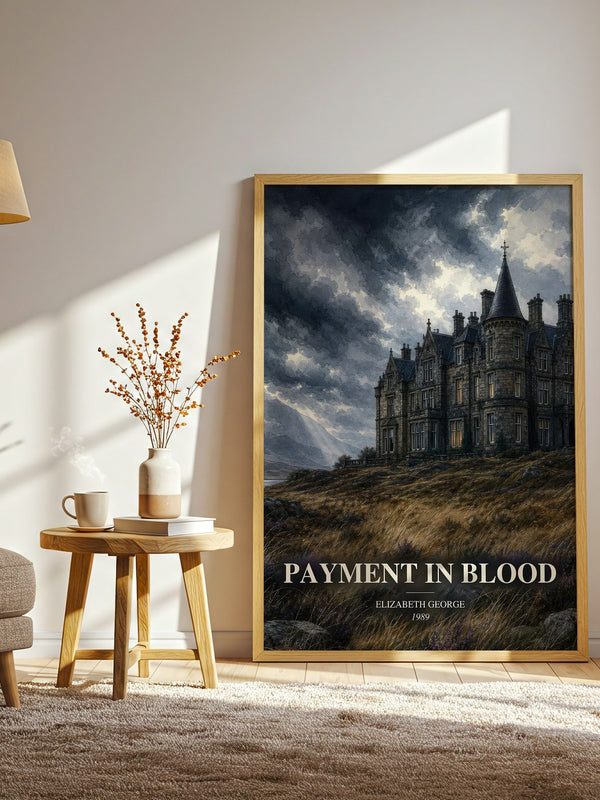 Payment in Blood watercolour print in frame leaning in hallway – mystery wall art