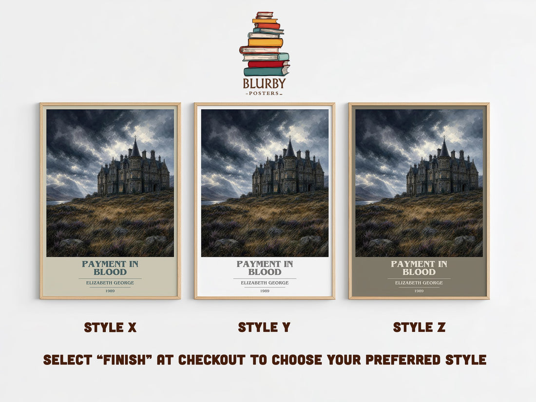 Payment in Blood book cover print in frame leaning in hallway – mystery wall art (mockup)
