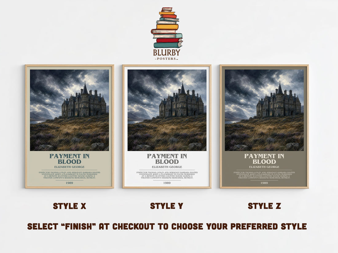 Payment in Blood bookish print in frame leaning in hallway – mystery wall art (mockup)