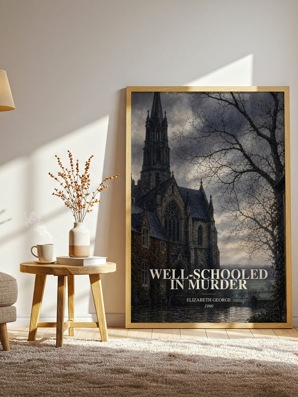 Well-Schooled in Murder watercolour print in frame leaning in hallway – mystery wall art