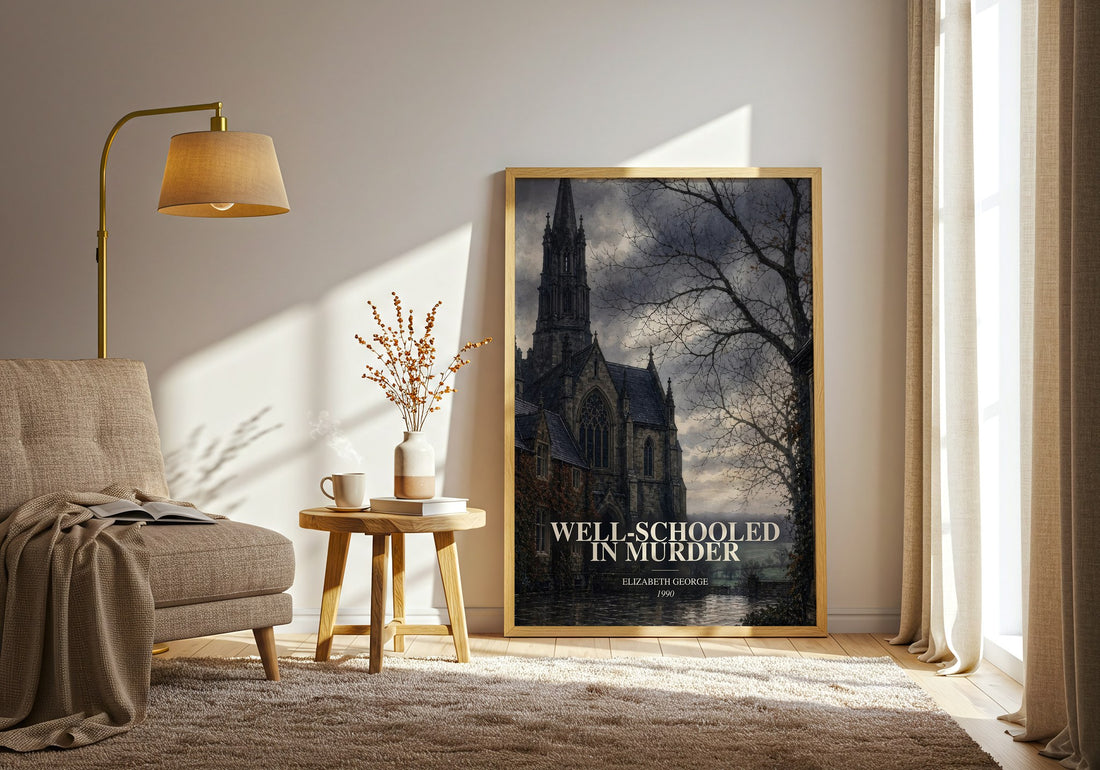 Well-Schooled in Murder watercolour print in frame leaning in hallway – mystery wall art (mockup)