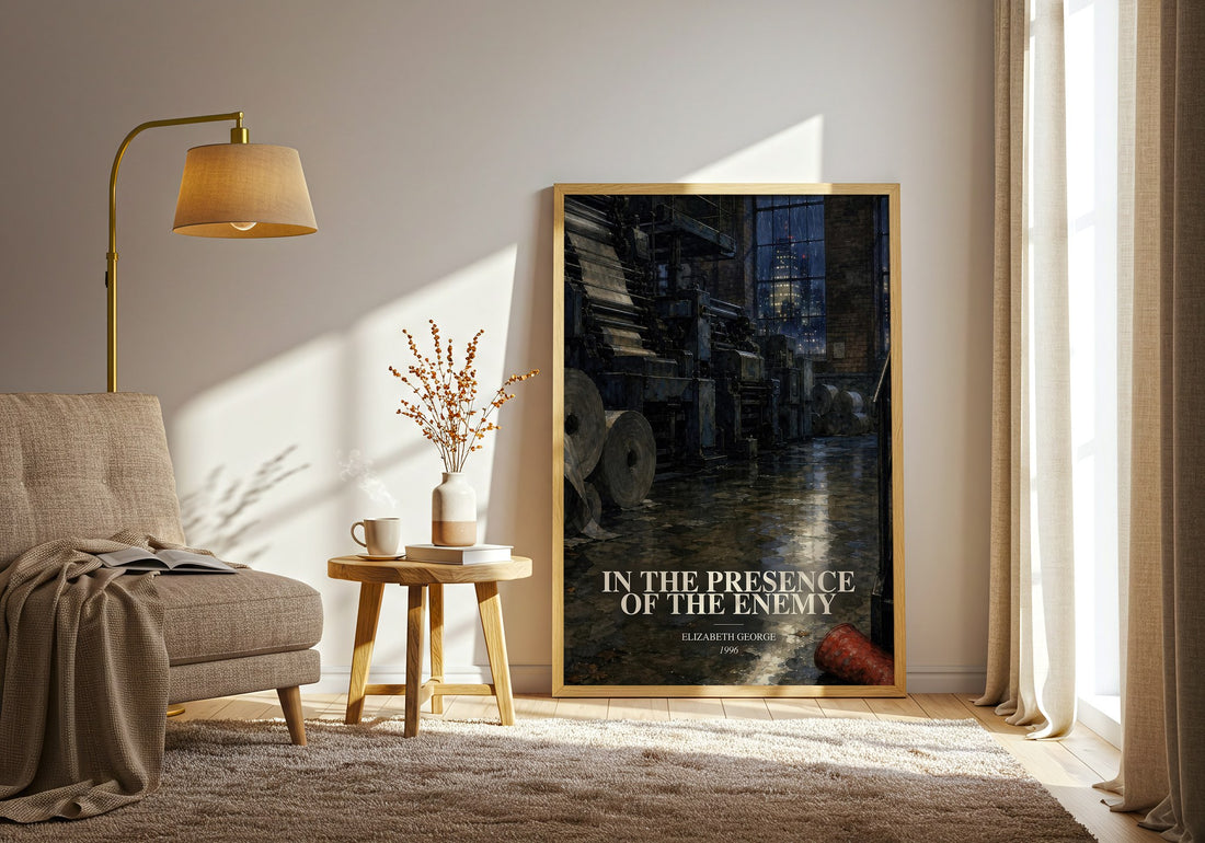 In the Presence of the Enemy watercolour print in frame leaning in hallway – crime wall art (mockup)