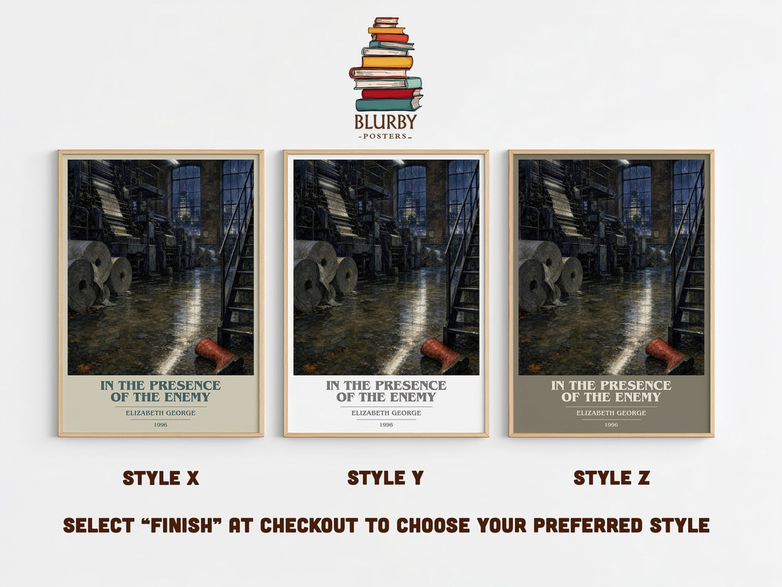 In the Presence of the Enemy book cover print in frame leaning in hallway – crime wall art (mockup)