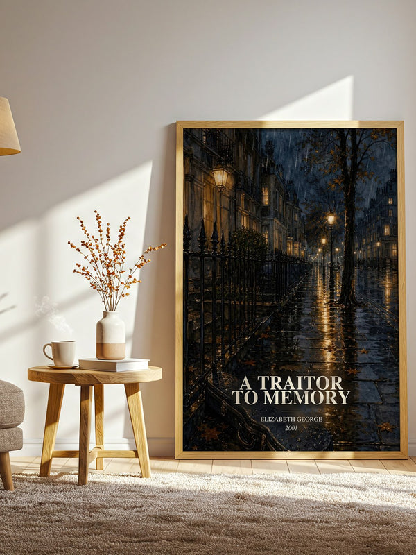 A Traitor to Memory watercolour print in frame leaning in hallway – mystery wall art