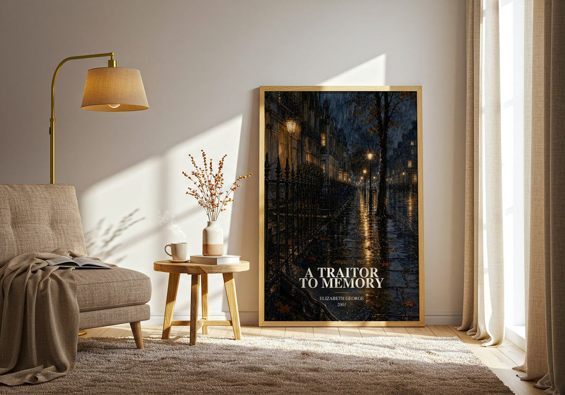 A Traitor to Memory watercolour print in frame leaning in hallway – mystery wall art (mockup)