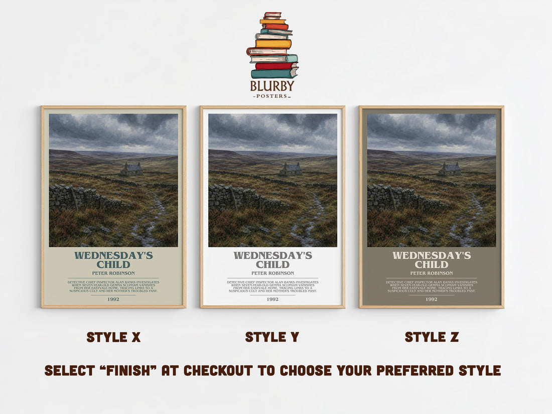 Wednesday's Child bookish print in frame leaning in hallway – crime wall art (mockup)