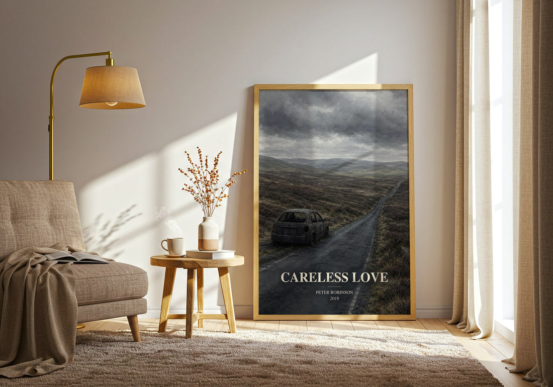 Careless Love watercolour print in frame leaning in hallway – crime wall art (mockup)