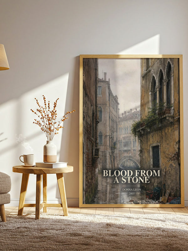 Blood from a Stone watercolour print in frame leaning in hallway – mystery wall art