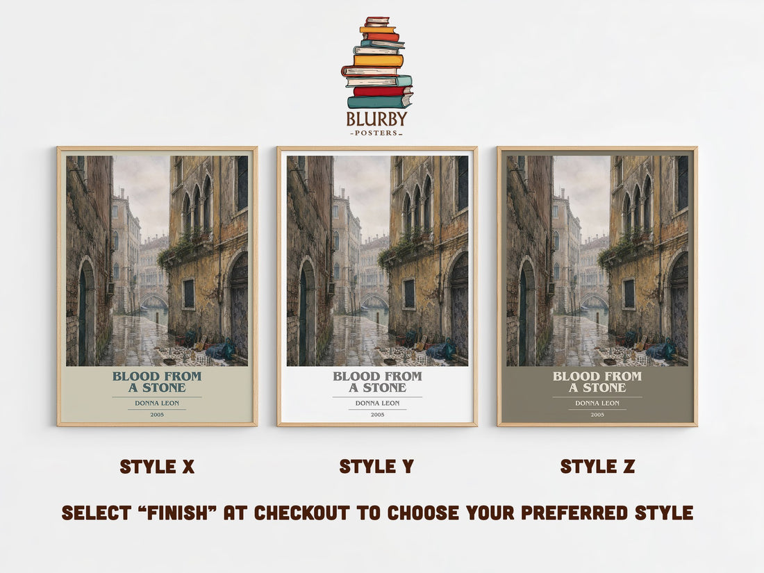 Blood from a Stone book cover print in frame leaning in hallway – mystery wall art (mockup)