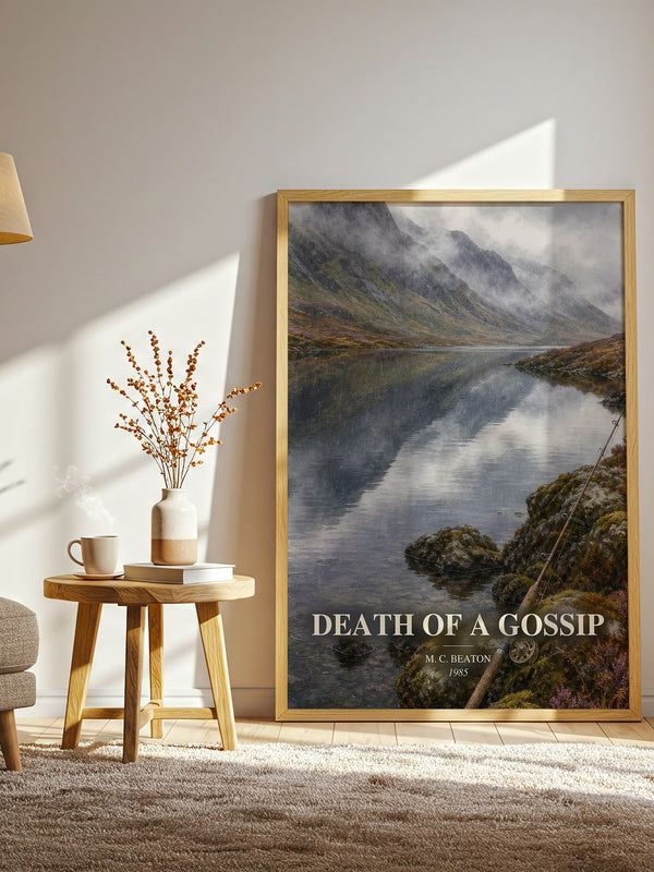 Death of a Gossip watercolour print in frame leaning in hallway – mystery wall art