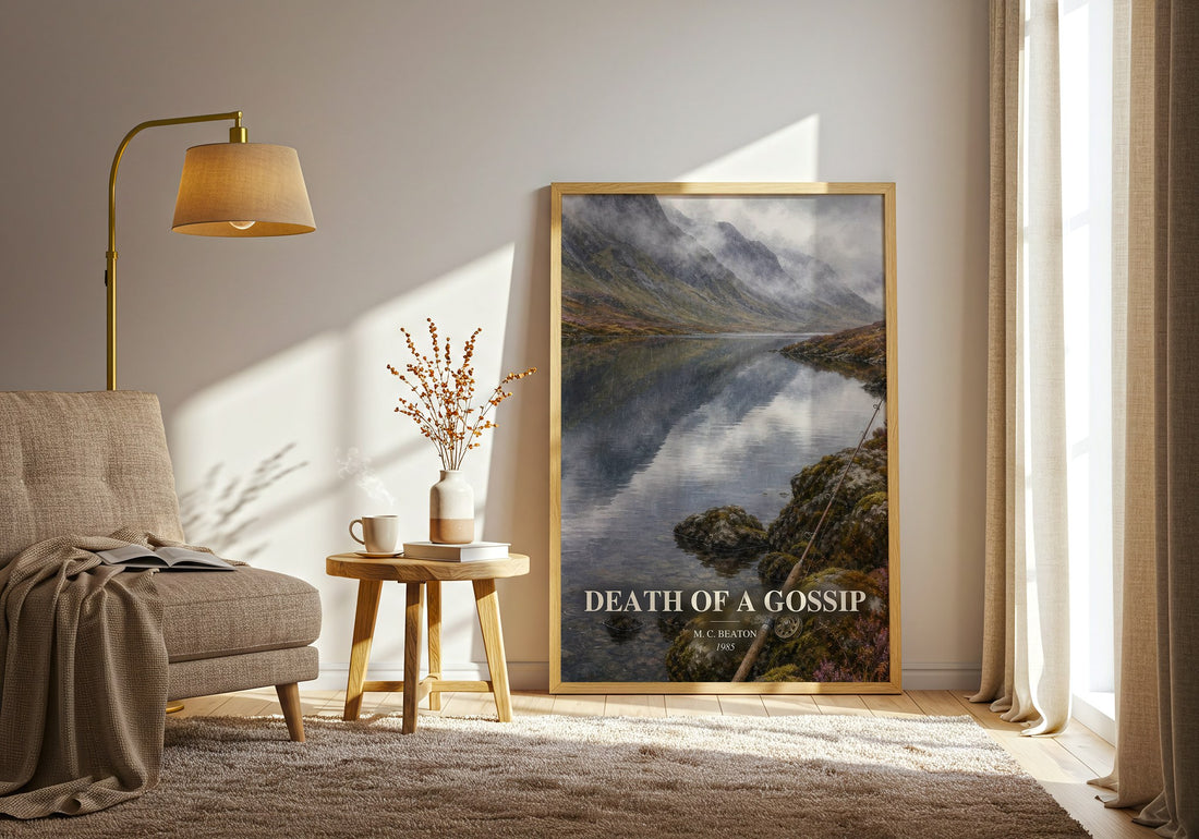 Death of a Gossip watercolour print in frame leaning in hallway – mystery wall art (mockup)