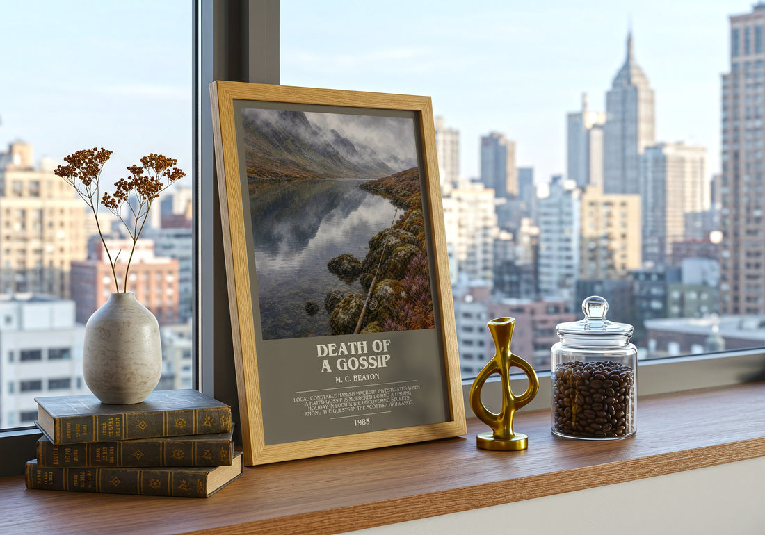Death of a Gossip bookish print framed by window – literary home decor