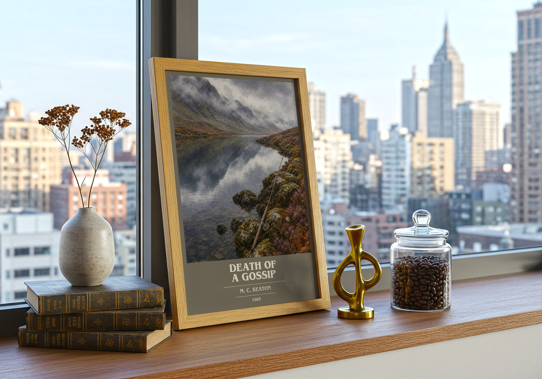 Death of a Gossip book cover print framed by window – literary home decor