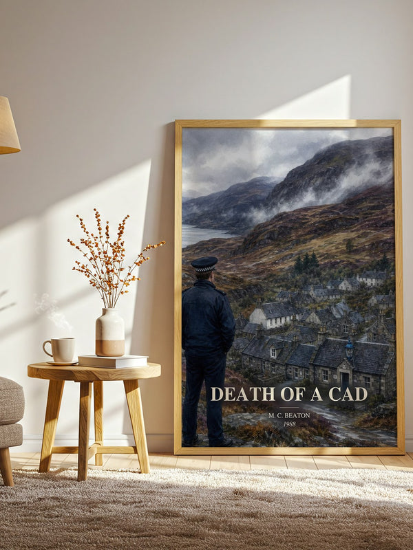Death of a Cad watercolour print in frame leaning in hallway – mystery wall art