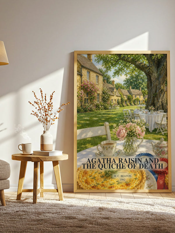Agatha Raisin and the Quiche of Death watercolour print in frame leaning in hallway – mystery wall art