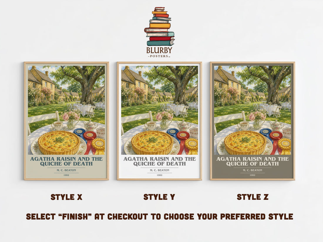 Agatha Raisin and the Quiche of Death book cover print in frame leaning in hallway – mystery wall art (mockup)