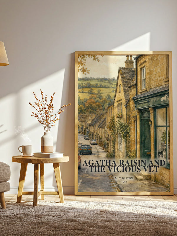 Agatha Raisin and the Vicious Vet watercolour print in frame leaning in hallway – mystery wall art