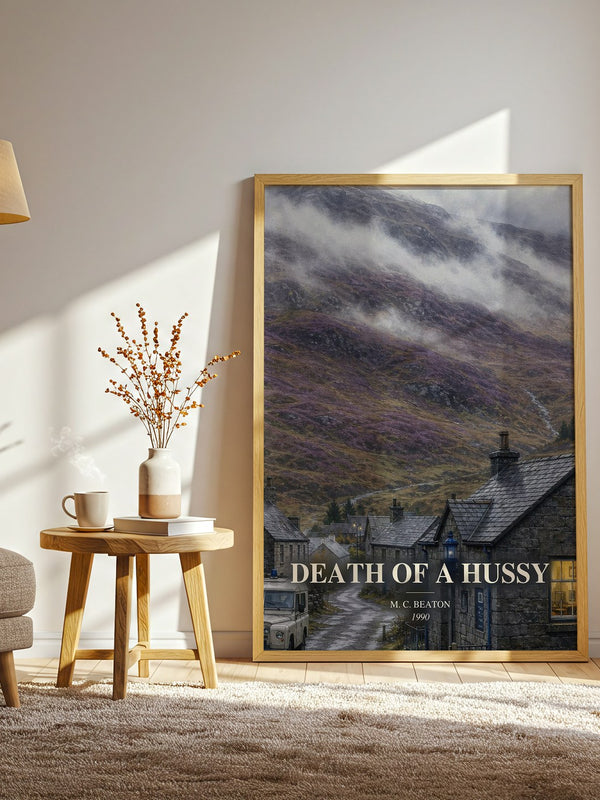 Death of a Hussy watercolour print in frame leaning in hallway – mystery wall art