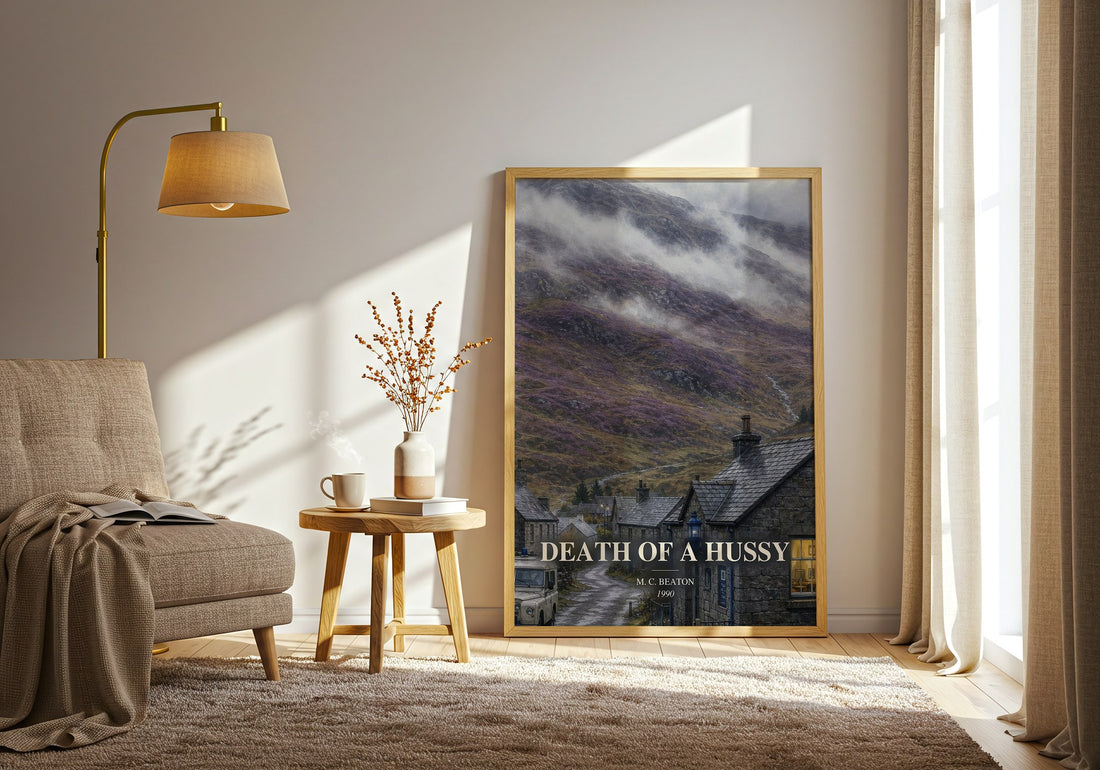 Death of a Hussy watercolour print in frame leaning in hallway – mystery wall art (mockup)