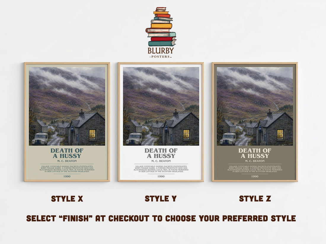 Death of a Hussy bookish print in frame leaning in hallway – mystery wall art (mockup)