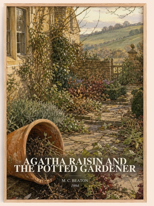 Agatha Raisin and the Potted Gardener watercolour book poster by M. C. Beaton – framed literary art print
