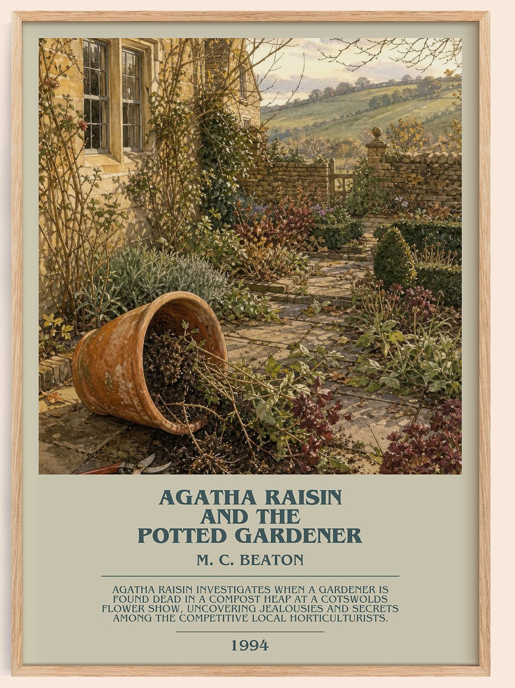 Agatha Raisin and the Potted Gardener bookish book poster by M. C. Beaton – framed literary art print