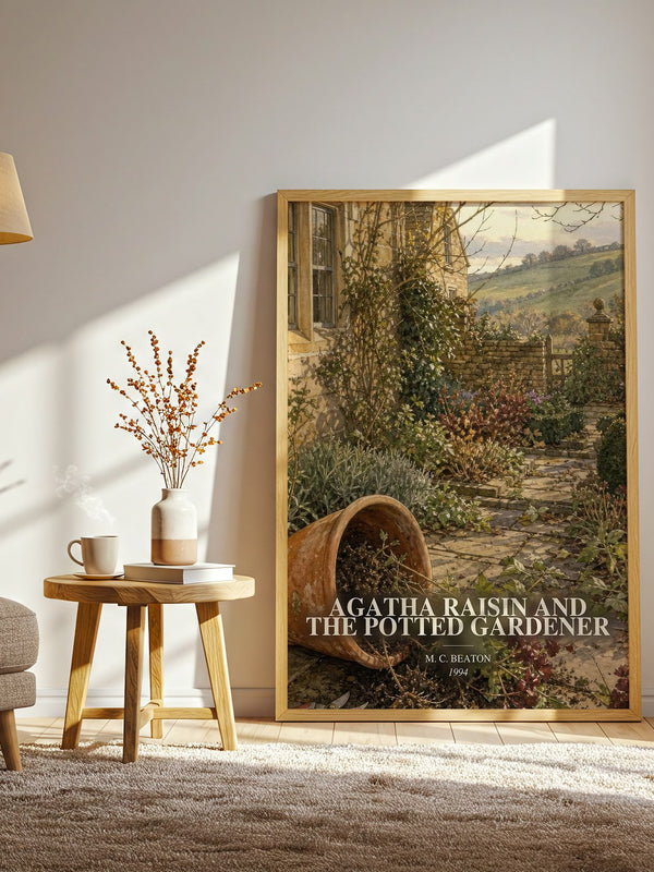 Agatha Raisin and the Potted Gardener watercolour print in frame leaning in hallway – mystery wall art