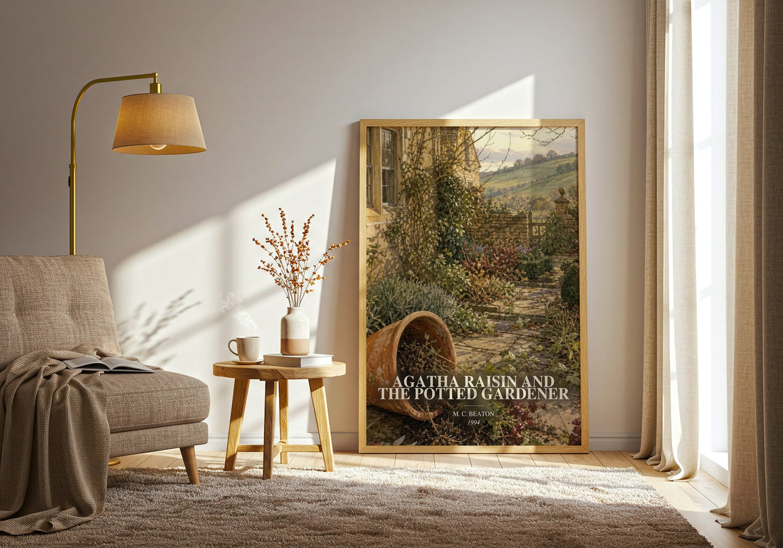Agatha Raisin and the Potted Gardener watercolour print in frame leaning in hallway – mystery wall art (mockup)