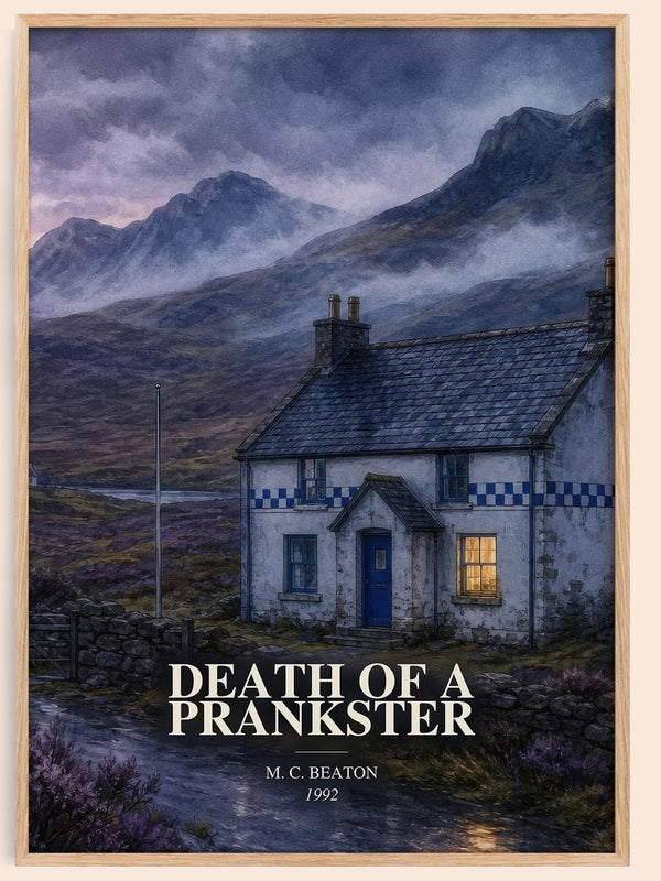 Death of a Prankster watercolour book poster by M. C. Beaton – framed literary art print