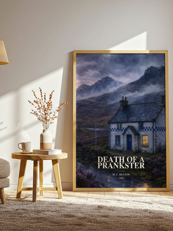 Death of a Prankster watercolour print in frame leaning in hallway – mystery wall art