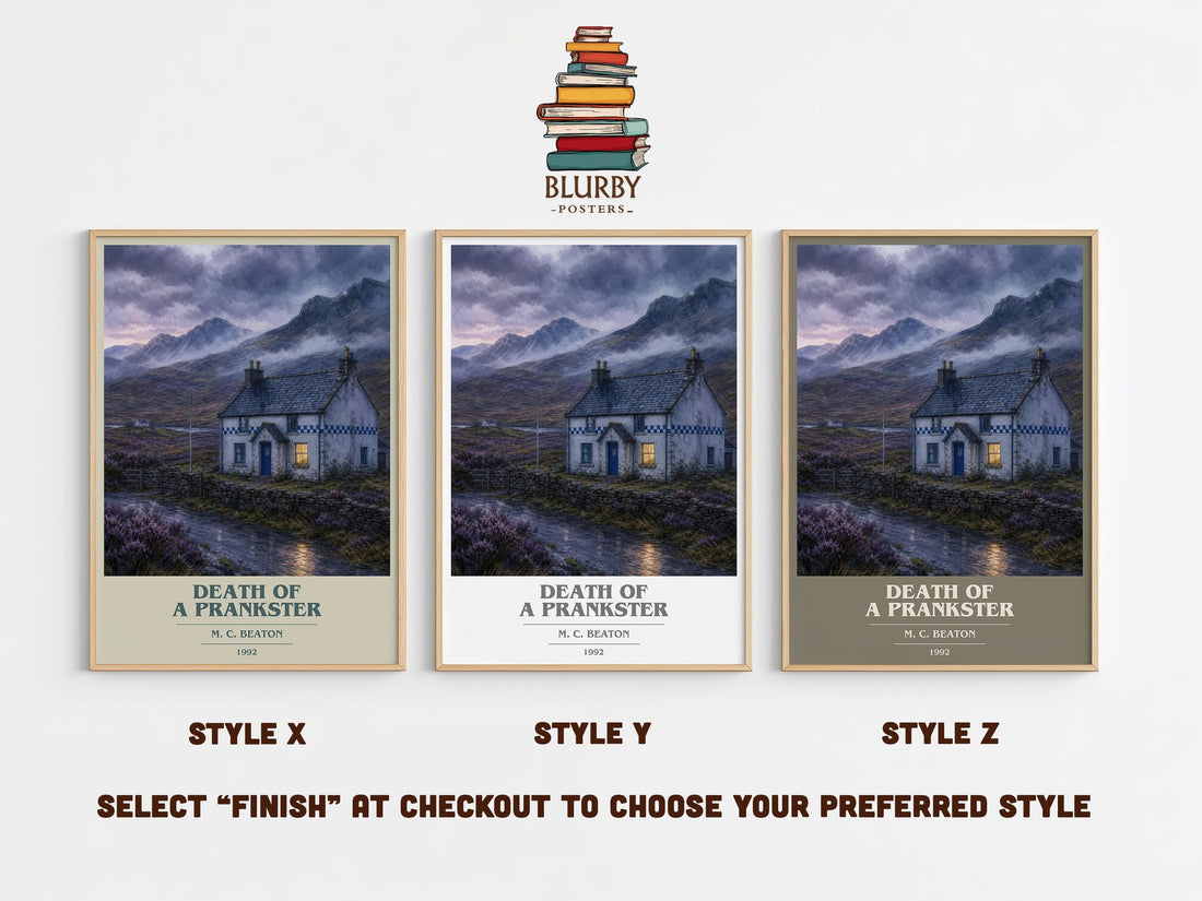 Death of a Prankster book cover print in frame leaning in hallway – mystery wall art (mockup)