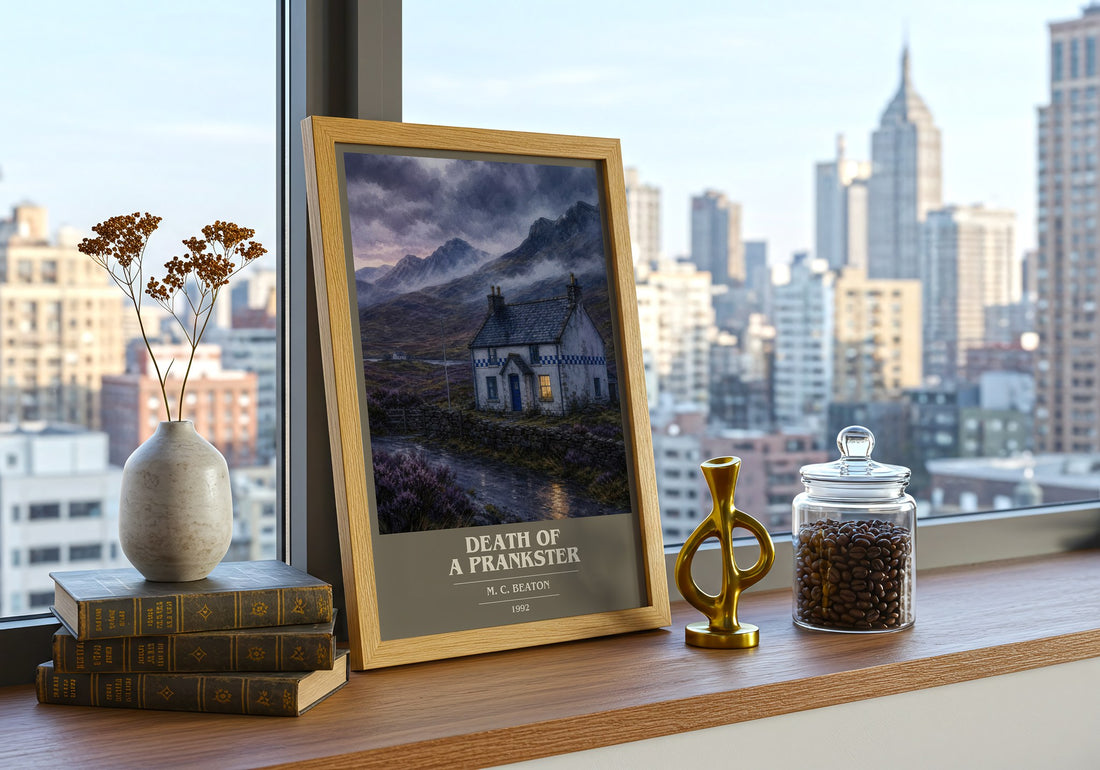 Death of a Prankster book cover print framed by window – literary home decor