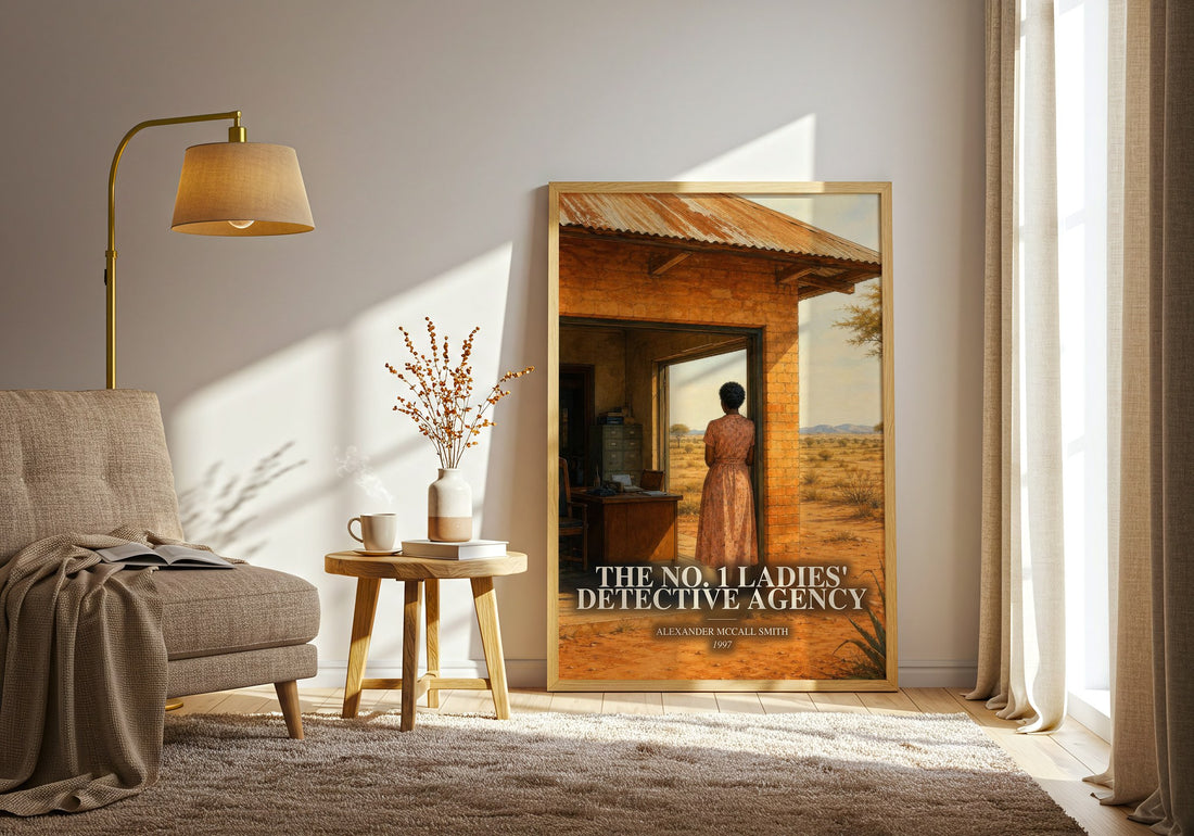 The No. 1 Ladies' Detective Agency watercolour print in frame leaning in hallway – mystery wall art (mockup)