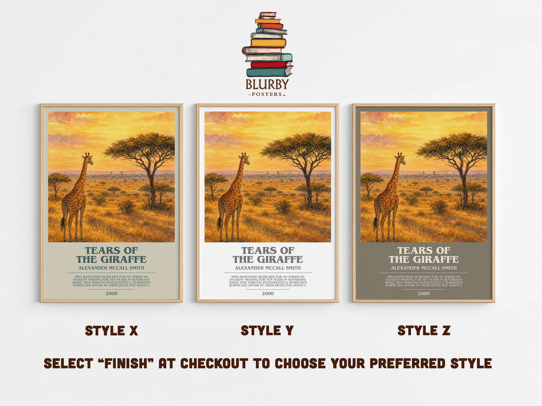Tears of the Giraffe bookish print in frame leaning in hallway – mystery wall art (mockup)