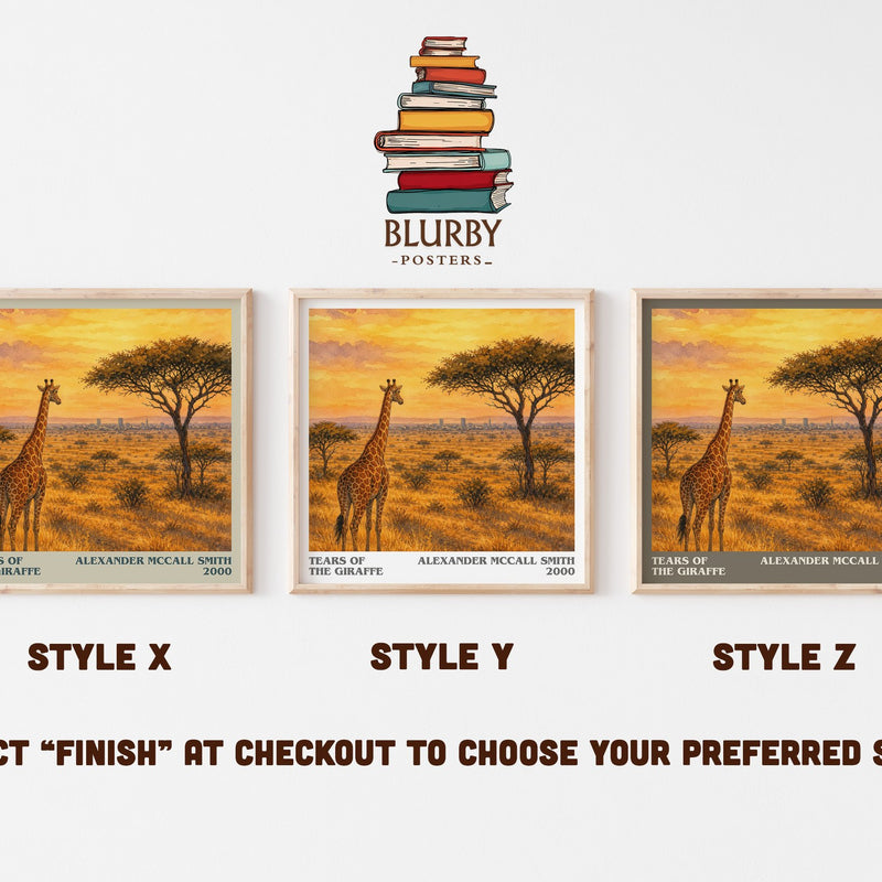 Tears of the Giraffe literary print in frame leaning in hallway – mystery wall art