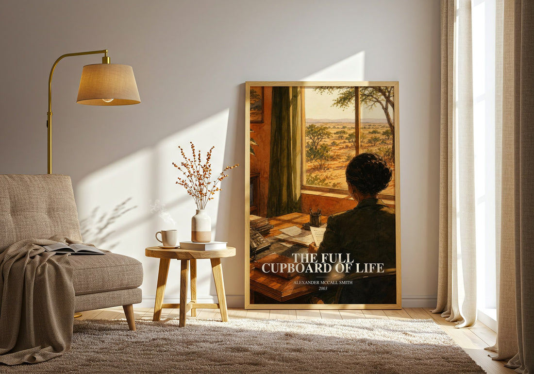 The Full Cupboard of Life watercolour print in frame leaning in hallway – mystery wall art (mockup)