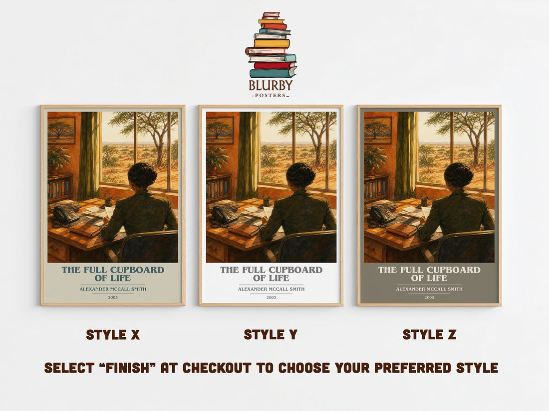 The Full Cupboard of Life book cover print in frame leaning in hallway – mystery wall art (mockup)