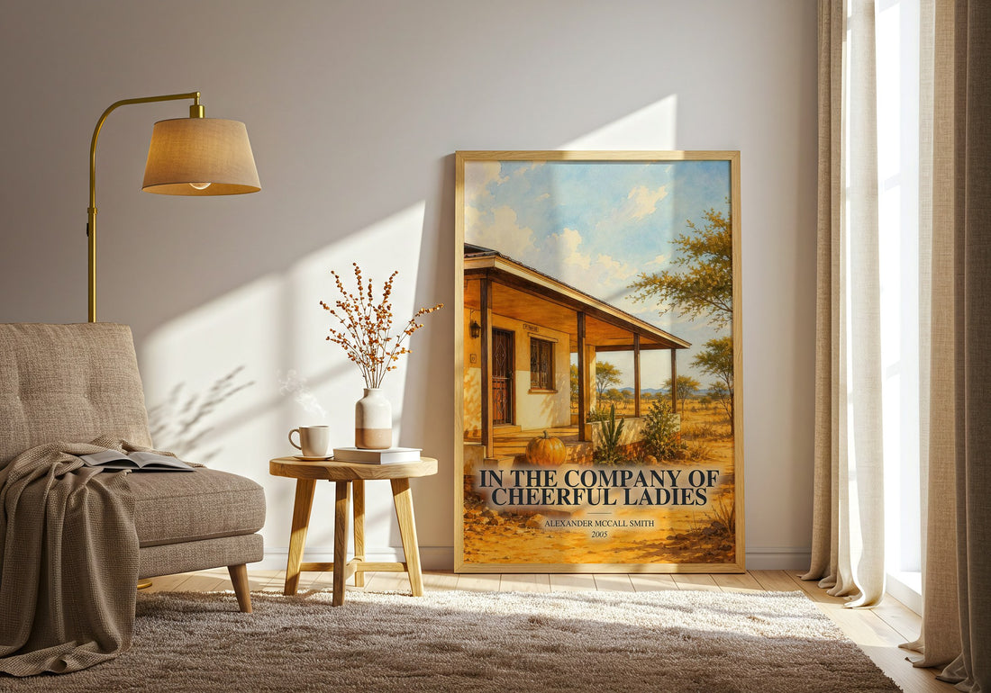 In the Company of Cheerful Ladies watercolour print in frame leaning in hallway – mystery wall art (mockup)