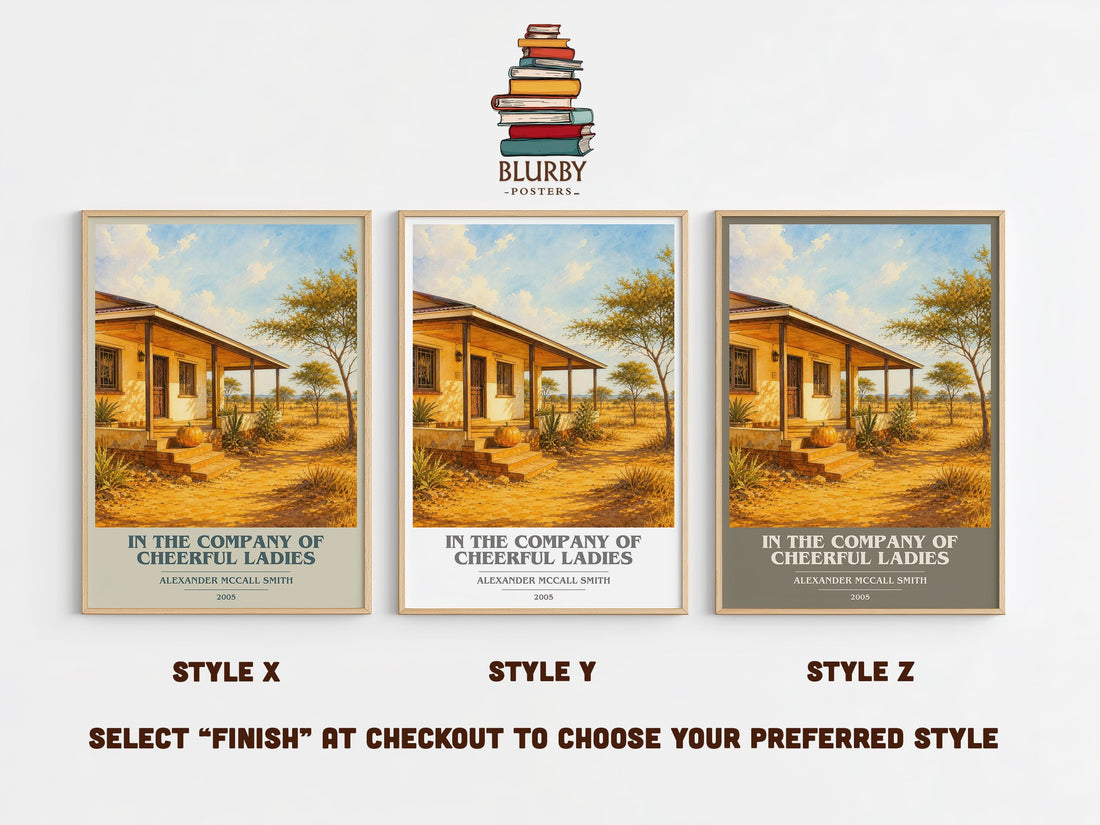 In the Company of Cheerful Ladies book cover print in frame leaning in hallway – mystery wall art (mockup)